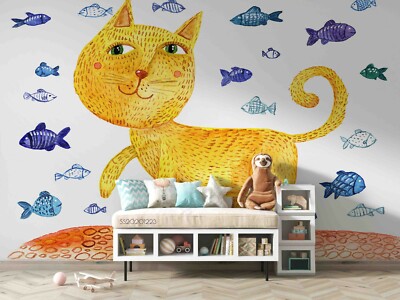 3D Cartoon Cat Fish Wallpaper Wall Mural Removable Self-adhesive 149