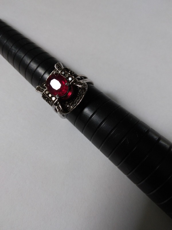Genuine Red Ruby & Black & White Natural Diamonds Ring SIZE 8