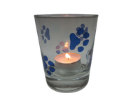"Teelicht Glas Windlicht Print \"Pfoten\" Blau Glitzer Tranzluzent Handmade Unikat"