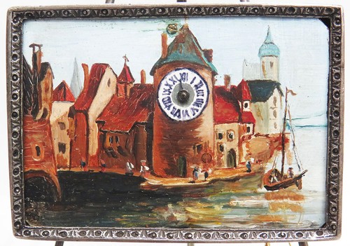 VINTAGE GERMAN SILVER TRIPOD & ORIGINAL PAINTING WORKING KEY WIND CLOCK - Picture 4 of 7