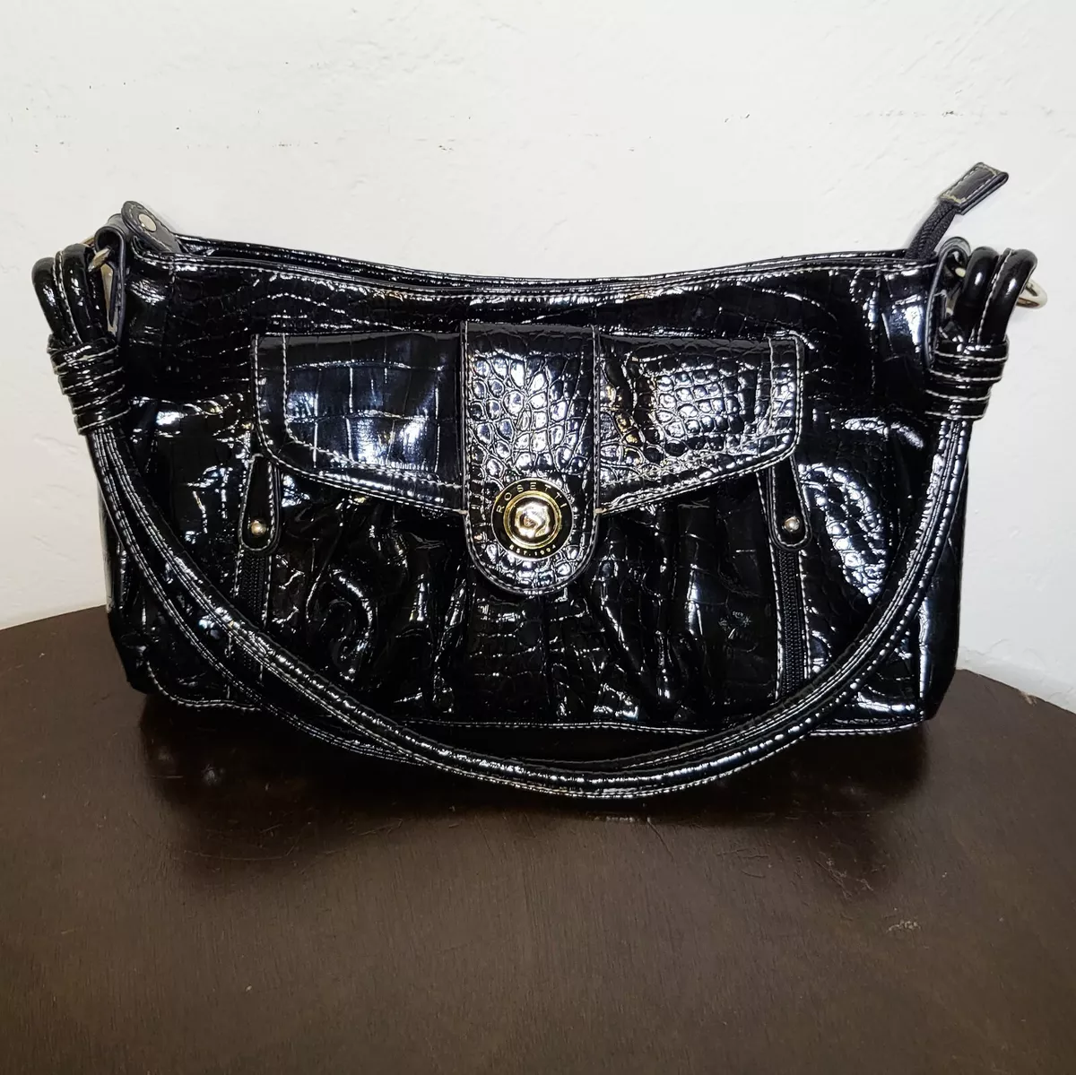Women s Black Purse Shoulder Strap Faux Leather Snake Print Logo ROSETTI
