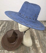 Western Cowboy Style Hats, Brown Faux Leather Blue Faux Suede SET OF 2 w/Cords
