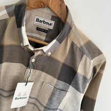 Image of Barbour Shirt M Medium Mens Linen Douglas Beige Sand Tartan Check Short Sleeve