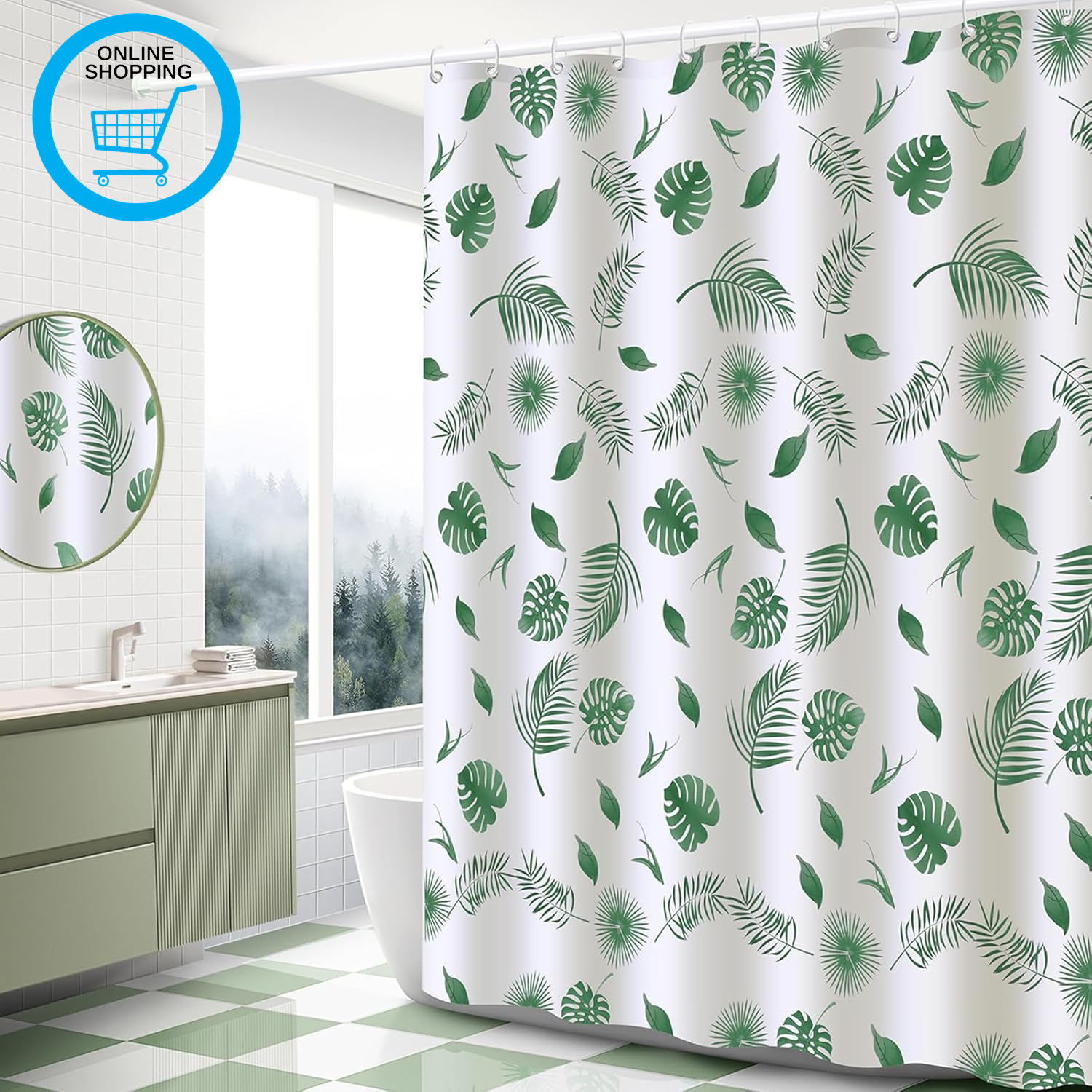 Shower Curtain Mould Proof Resistant Green Leaf, Premium PEVA Waterproof Shower