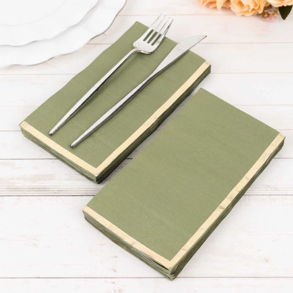 OLIVE GREEN 50 Soft 2 Ply Dinner Paper NAPKINS Foil Edge Party Events Home - Image 4 of 4