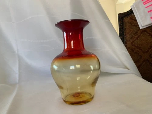 Vintage Blenko Glass Tangerine Blown Vase - 7.5” Tall