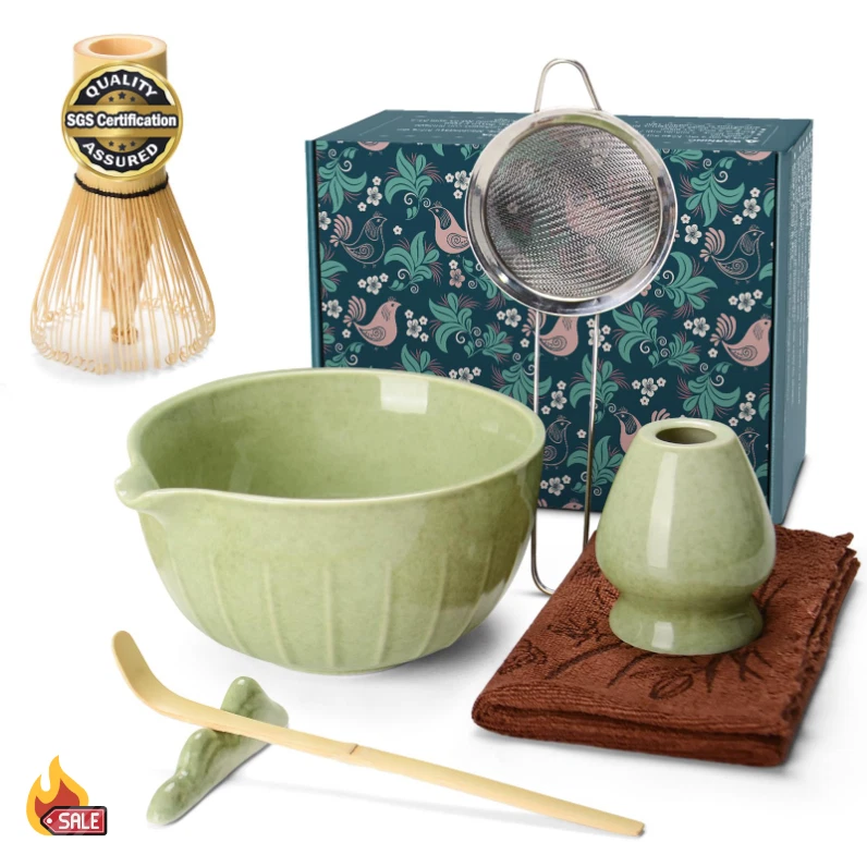 Ceramic Matcha Bowl Kit with Bamboo Chasen, Sifter & Holder, 7pc Gift Latte