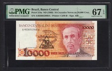 Brazil 10 Cruzados Novos on 10000 Cruz. ND(1989) P218a UNC Grade 67 Top Pop