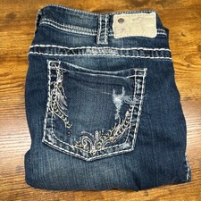 Silver Jeans Co Suki Mid Rise Bootcut Dark Wash Embroidered Sequin Jeans Womens