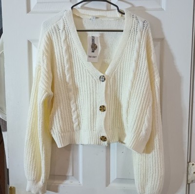 TRUE CRAFT Ivory Cable Knit Button Front Long Sleeve Cardigan Sweater XL Women