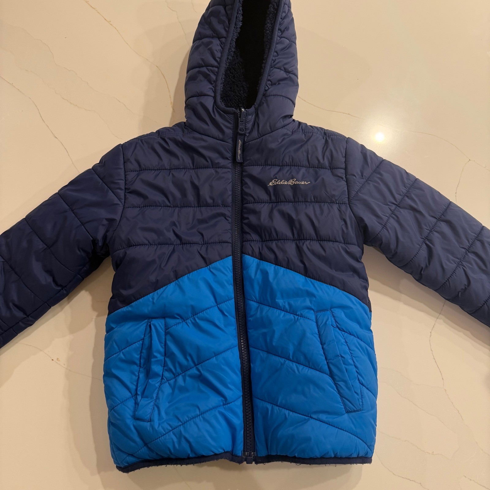 Eddie Bauer Kids XS 5/6 Blue Puffer Jacket Sherpa Lined Hooded Quilted Coat
