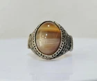 Sterling silver ring with Yemeni agate,striped in shades of  brown & white lines