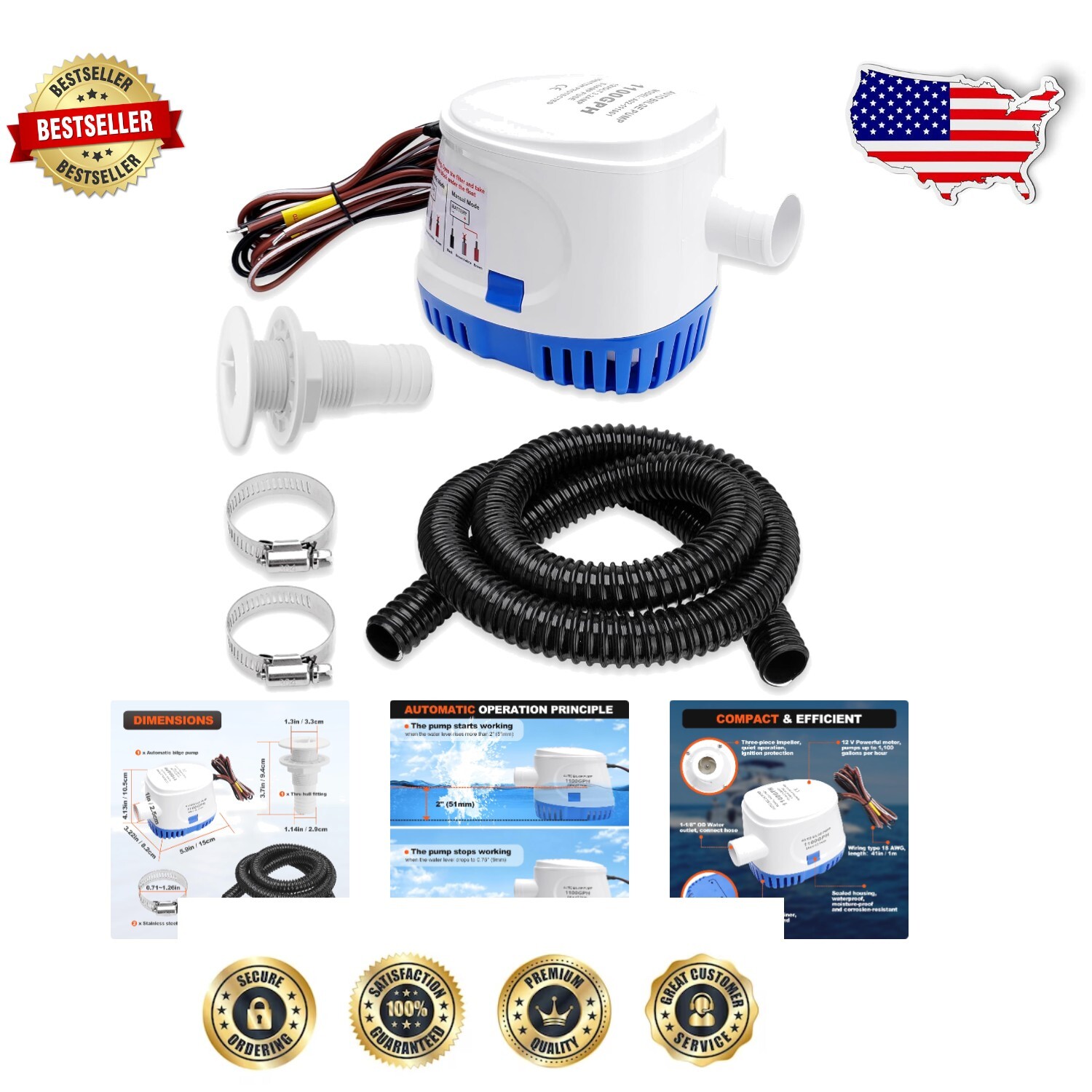 Marine-Grade 1100 GPH Automatic Bilge Pump with Hose & Thru-Hull Fittings