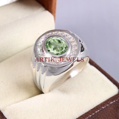 Natural Green Amethyst Gemstone with 925 Sterling Silver Ring for Men's #5356