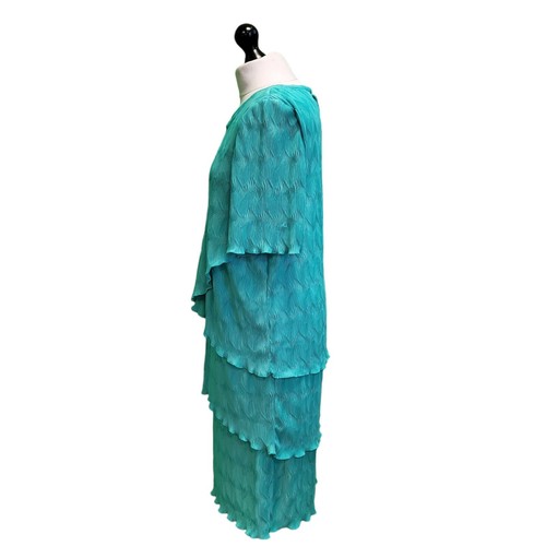 Vintage 80s Plisse Dress Teal Green Frill Draped Women's XL 14 Eu 42 - Picture 3 of 6