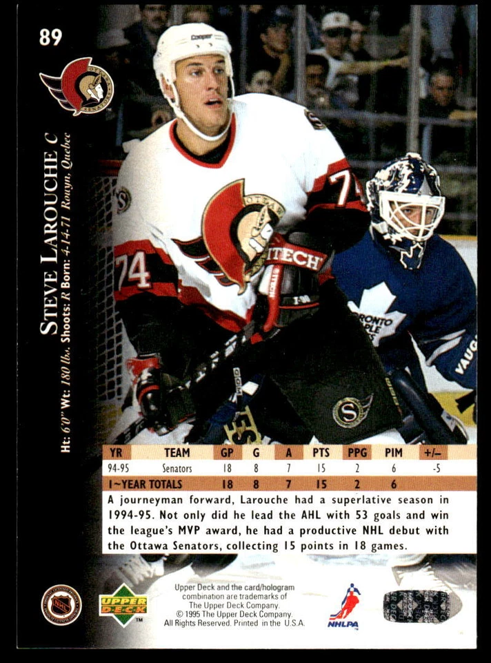 1995-96 Upper Deck #89 Steve Larouche Ottawa Senators Hockey Card - Image 2 of 2