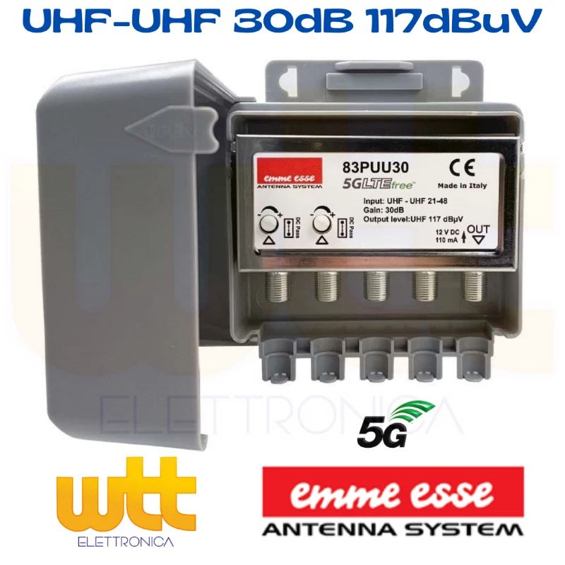 AMPLIFICATORE DA PALO PER ANTENNA UHF-UHF 30dB 117dBuV 5G LTE 83PUU30 EMME ESSE
