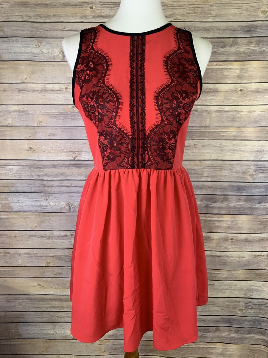 Francescas Birdcage Womens Small Dress Red Fit And Flare Black Lace Sleeveless Francescas Birdcage Womens Small Dress Red Fit And Flare Black Lace Sleeveless