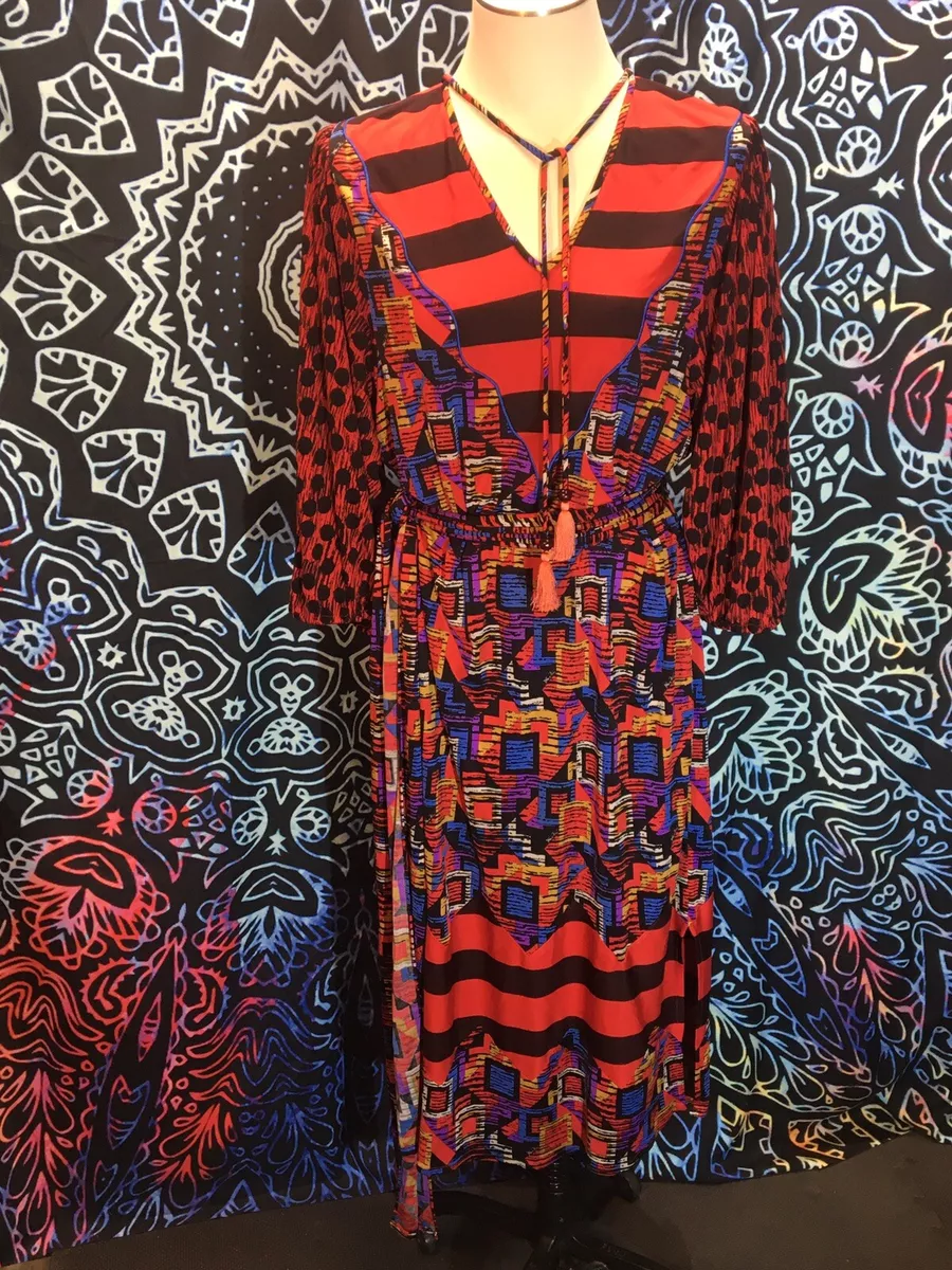 Vintage Diane Freis Silk Maxi Dress With Scarf Chevron Polka Dot Geometric XL