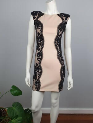 Little Mistress London Size 8 Bodycon Fitted Short Dress Nude Black Lace Stretch