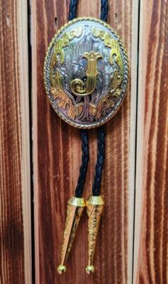 INITIAL LETTER '' J '' SILVER AND GOLD SHINY RODEO COWBOY BOLOTIE WESTERN BOLO TIE