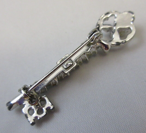 Vintage Blue Rhinestone Antique Skeleton Key Shaped Brooch Pin Silver Tone - Picture 6 of 7