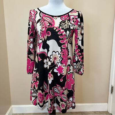 Kitty Kat Womens Pink White& Black Paisley Print Retro Long Sleeve Dress Size L