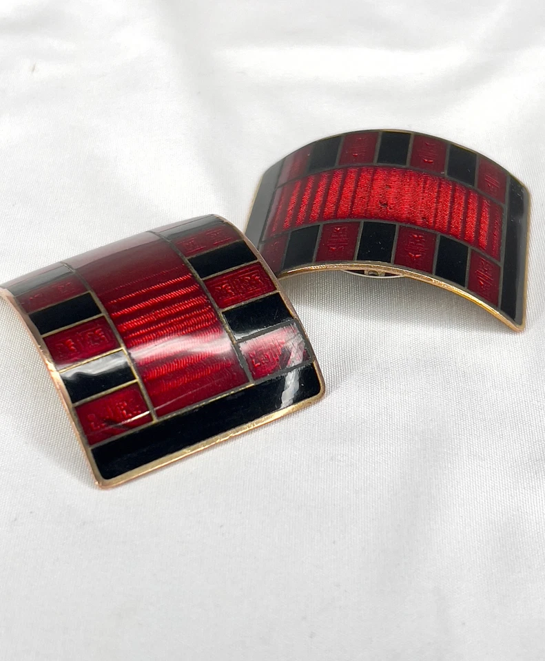 Antique 1920s-30s Cloisonné Shoe Buckles Red & Black Enamel Chic Art Deco Pair - Image 4 of 4