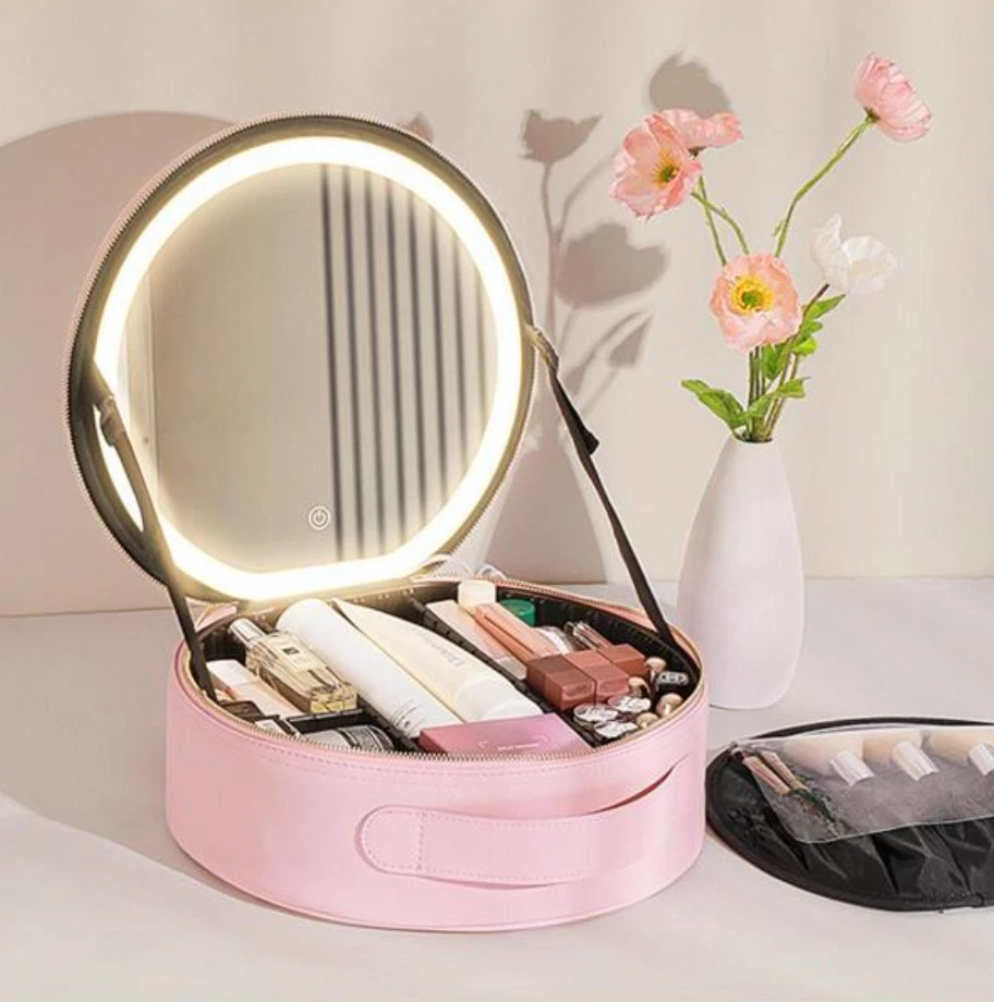 Round Makeup Bag With Light Up Led Mirror Portable Travel Cosmetic