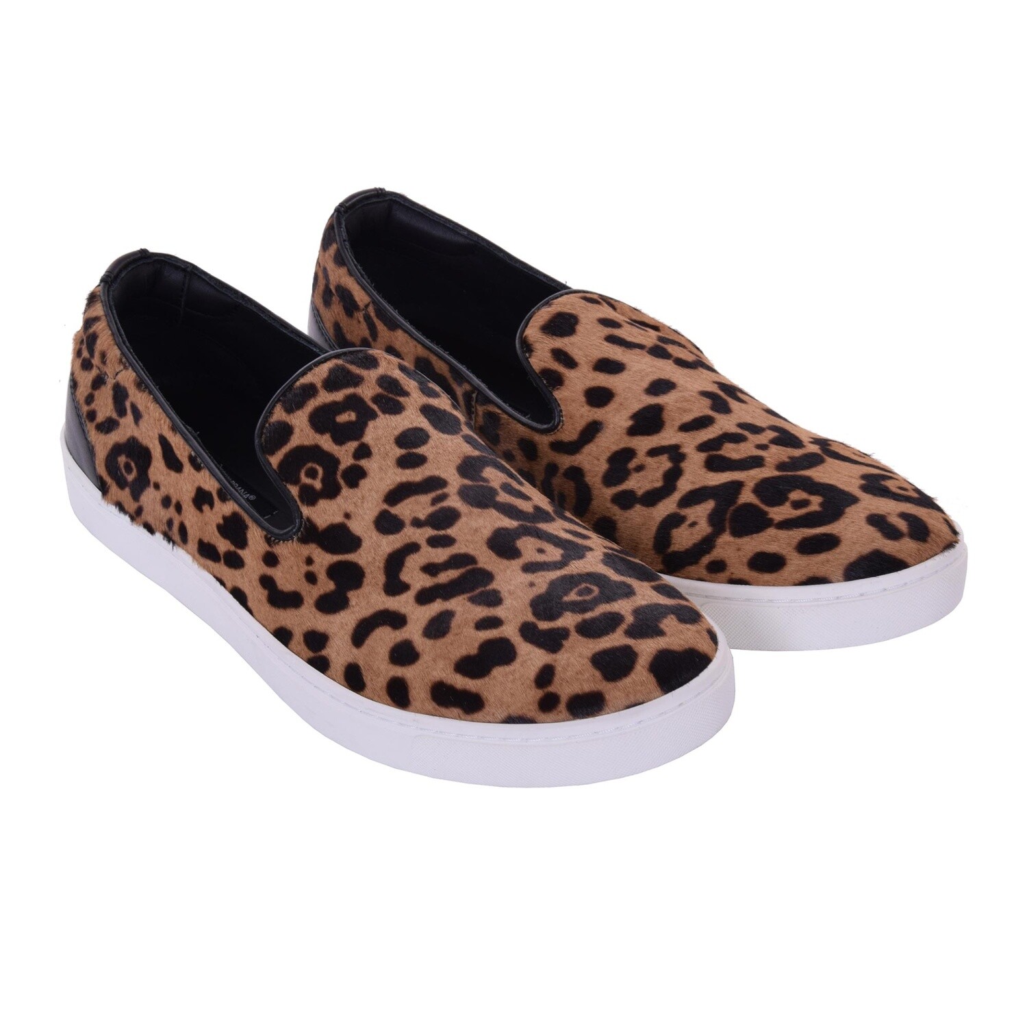 DOLCE & GABBANA Fur Slip-On Sneaker Shoes LONDON Leopard Print Brown Black