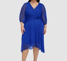 DKNY Women's Blue Balloon-Sleeve Twist-Front Dress Plus Size 20W