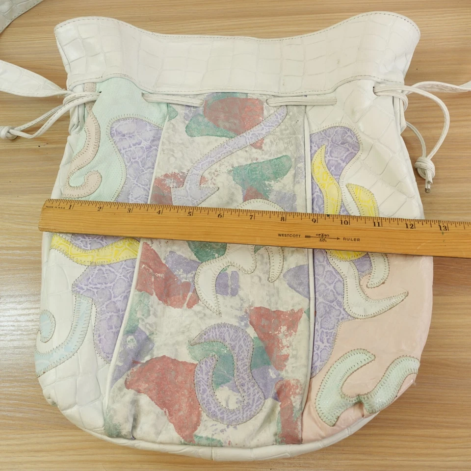 70s Vintage Patchwork Purse Bucket Drawstring Large Faux Leather Bag Hobo Whimsy - Image 4 of 4