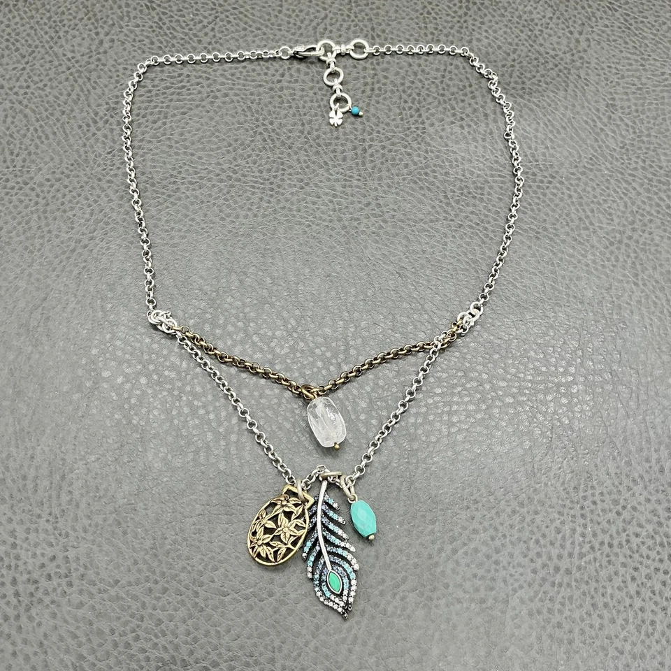 Collar Boho Marca Lucky Plata Tono Dorado Turquesa Cuentas Pluma Colgante 24" Foto 2 de 4