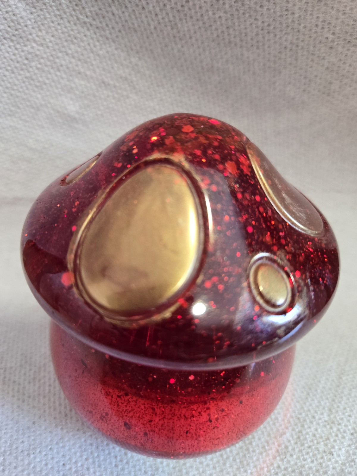 Handmade Resin Mushroom Stash Jar Glitter Red Gold Accents New