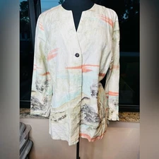 Citron Beige Tunic Landscape Scenery Silk Linen Blend Button Down Size Large
