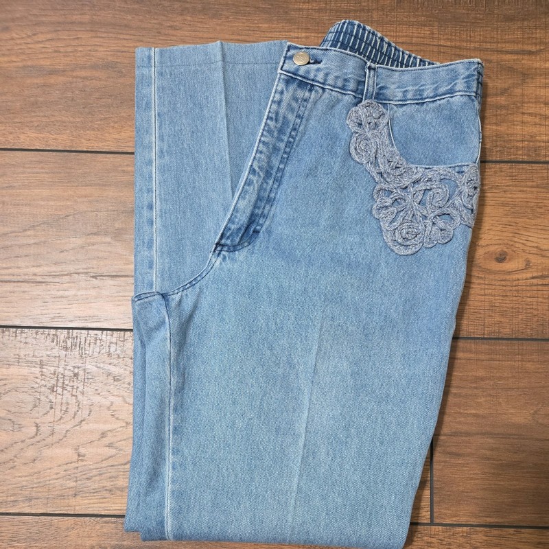 Light Wash Denim Jeans Opal By Lorraine Wardy Crocheted Women SZ 10 Granny Jeans