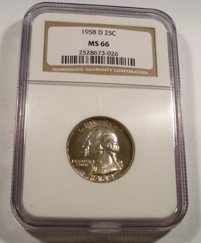 1958-D NGC MS66 WASHINGTON QUARTER RAINBOW RIM TONE SILVER 25c MS 66