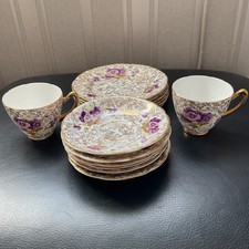 VINTAGE ASHLEY 22KT GOLD FINE BONE CHINA VIOLET DESIGN. 14 PIECES. ONLY 2 CUPS.