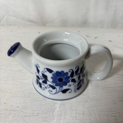 Vtg White Ceramic Decorative Watering Can w/Blue Flowers *no lid* 