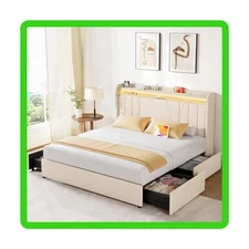 Full Size Upholstered Bed Frame with 2-tier Storage Headboard and 4 Du