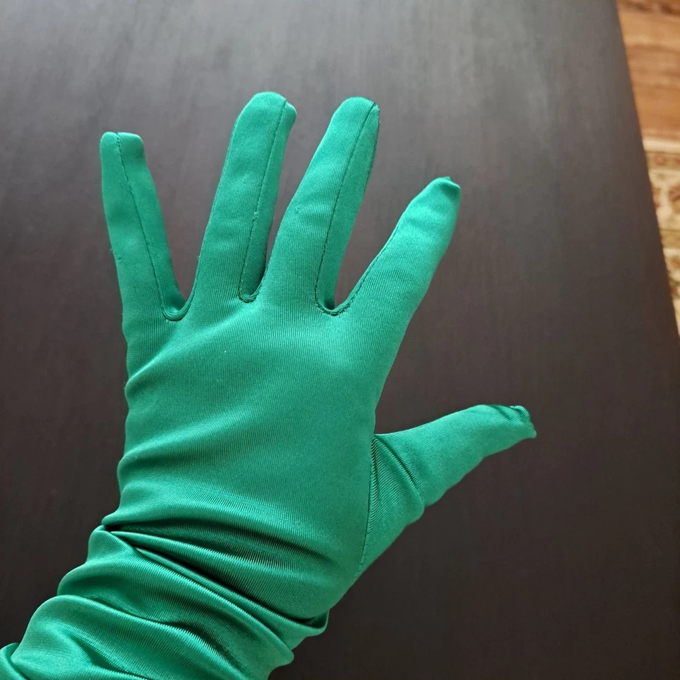 Guantes de ópera con acabado satinado verde 22" disfraz de Halloween elegante formal elástico Foto 2 de 4