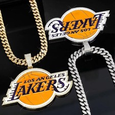 Lakers Big Logo Gem Chain 24" Cuban Necklace 5.5"x4.7" Pendant Gold Silver