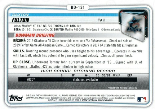 Daxton Fulton Miami Marlins 2020 Bowman Draft 1st Bowman Card - Bild 2 von 2