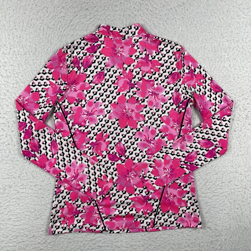 Pulôver feminino cauda etiqueta branca XS flores rosa 1/4 zíper golfe desempenho top - Imagem 2 de 4