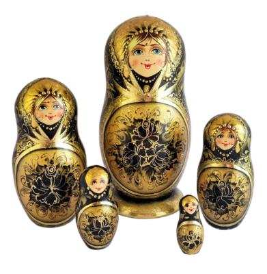 Poupées Russes Matriochka 5 Pièces, Noir Et Or, Peintes à La Main Par Voronina