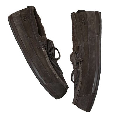 Ugg Mens Slippers Size 11 Dark Brown Tie Slip On Shearling wool lined soft  warm