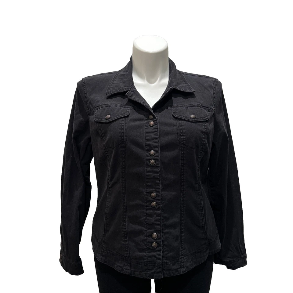 Passport Denim Jacket Womens Blk XL Copper Button Down Stretch Boho Biker - Image 2 of 4