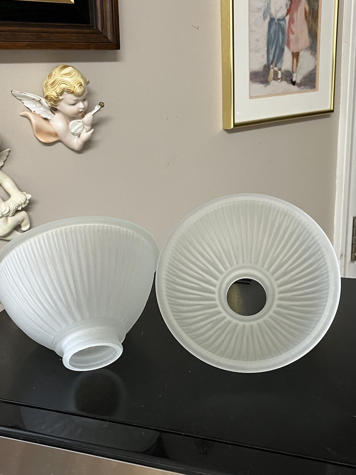 TWO Vtg Frosted Lamp Light Shades 6.5”x3.5” 2 1/8” Fitter White Ribbed
