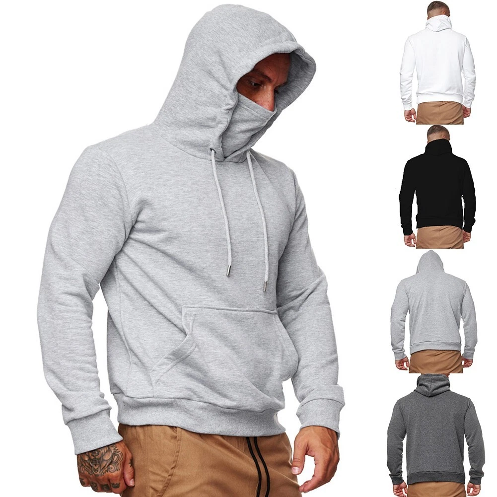 Mens Long Sleeve Drawstring Hoodie Sweatshirt Turtleneck Mask T-Shirt with  Hood