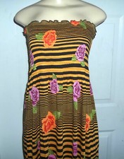 GOLD BLACK STRIPE FLORAL  LONG MAXI DRESS STRAPLESS ELASTIC TOP 3X